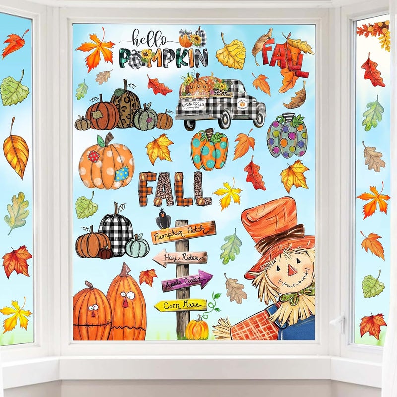 HRENCY Fall Window Clings Decorations for Glass Fall Watercolor Pumpkin Maple Leaves Scarecrow Truck Window Stickers for Autumn Thanksgiving Harvest Party Home Window Decals Decor - Image 2